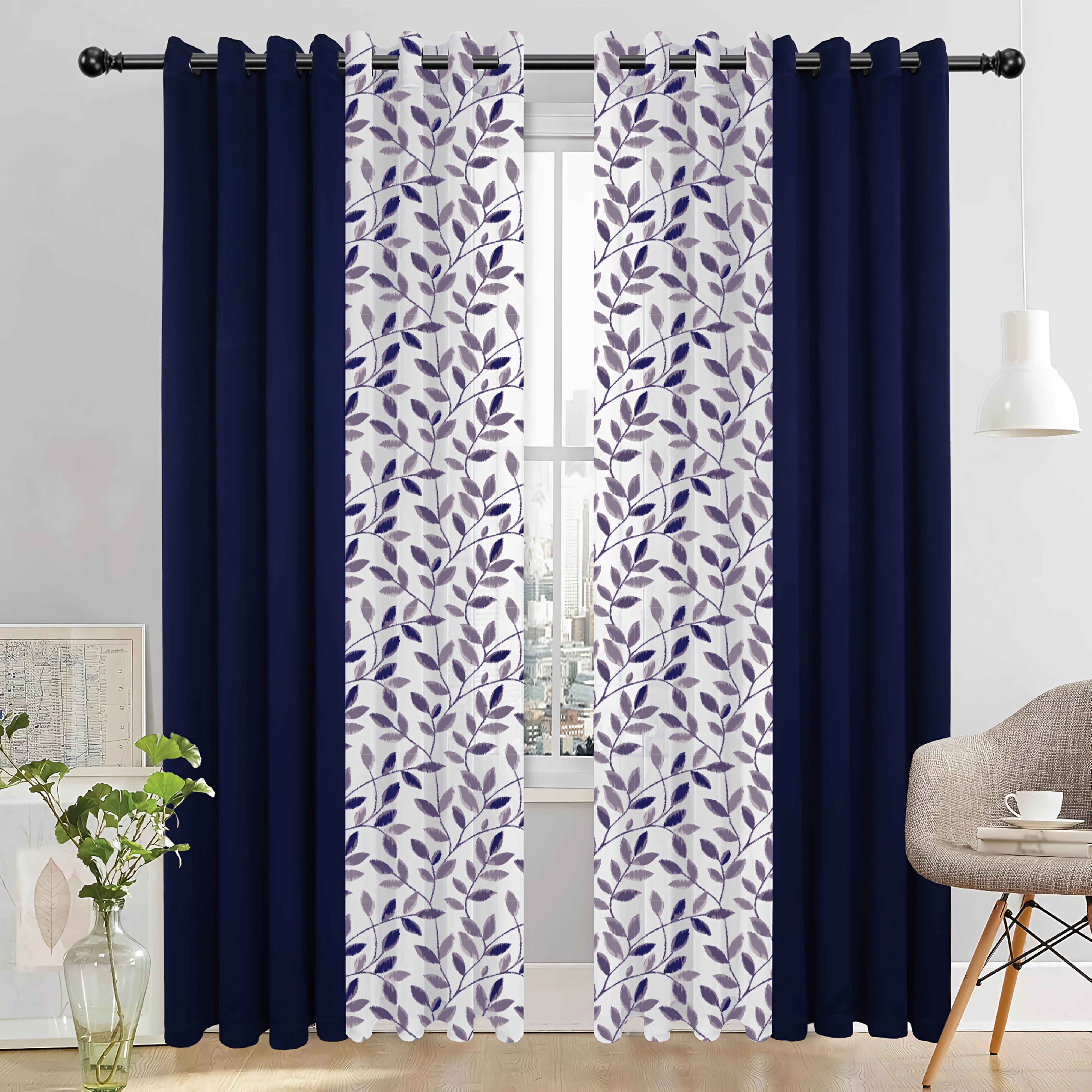 Elegant 4pcs Blackout Curtain Set with Spring Leaf Print