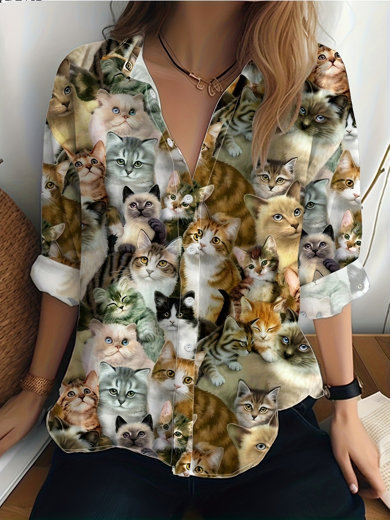 womens casual button shirt cute cat print lightweight Temu