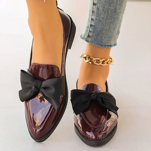womens stylish slip on loafers with black bow comfortable thick sole synthetic leather upper round toe lightweight versatile for stylish elegant rubber sole footwear