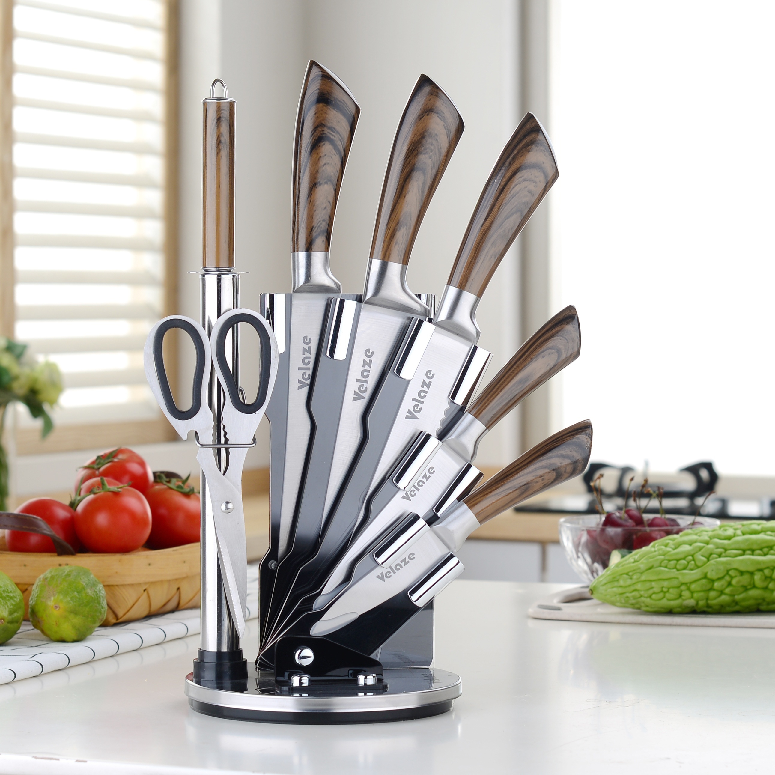 

8pcs/set, Knives Set, Knife Set With Stand, Stainless Steel Kitchen Knives With Brown Handles, Durable Cutting Knfie, Home Cooking Essentials, Kitchen Stuff