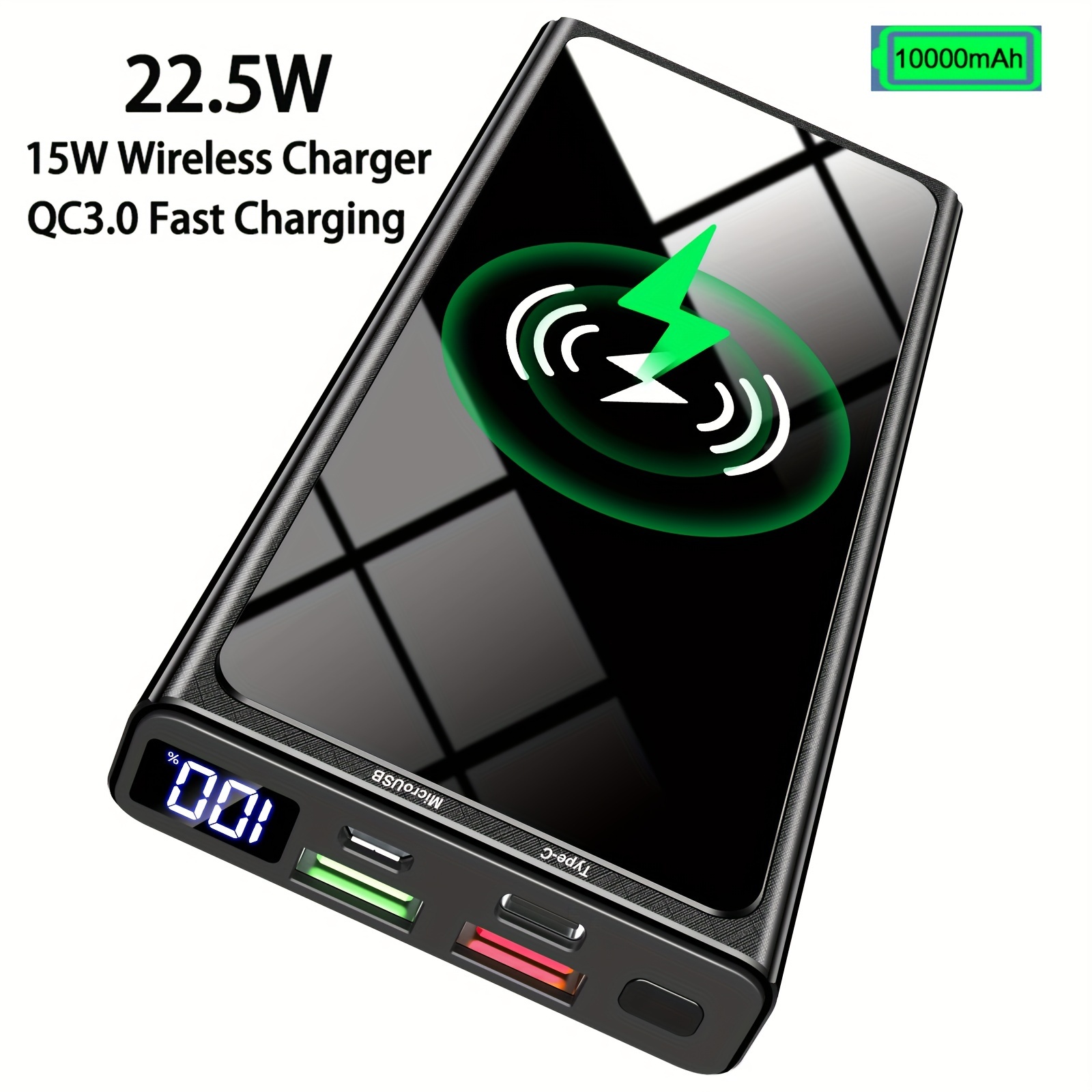 Wireless Power Bank, 10000mAh Portable Charger PD20W 15W Wireless  Charging LED Display, External Battery Pack, And Outputs (Qi USB