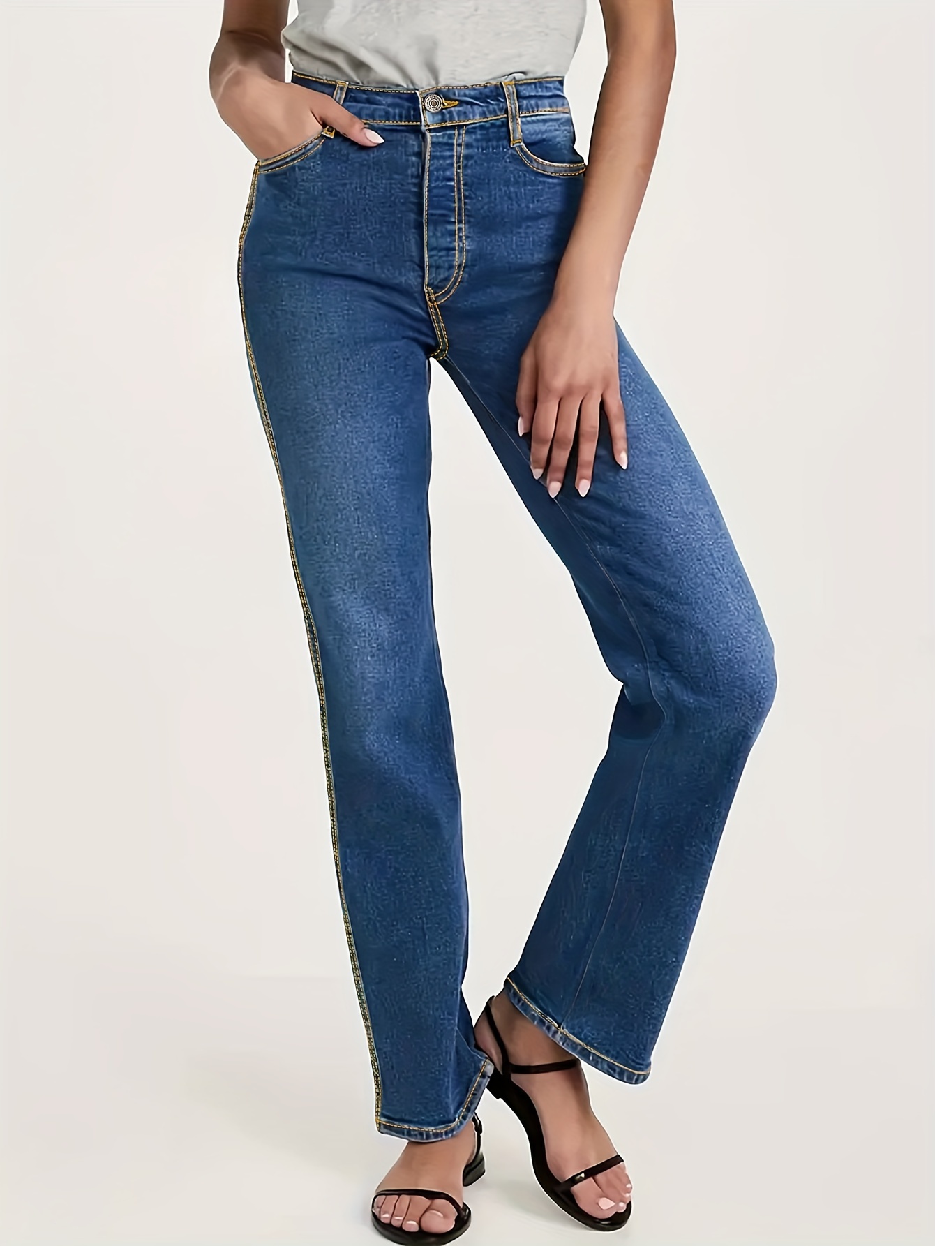 calça jeans de cintura perna desbotado, estilo casual