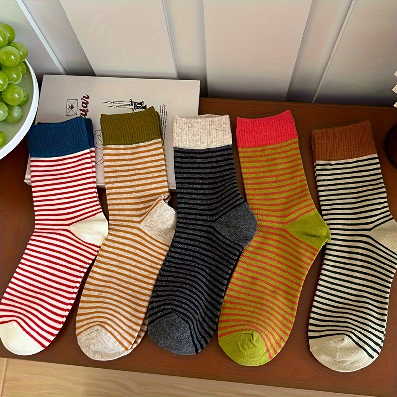 

5 paires de chaussettes colorées à rayures, chaussettes mi-hautes décontractées et chaudes pour et l'hiver, bas et bonneterie pour femmes