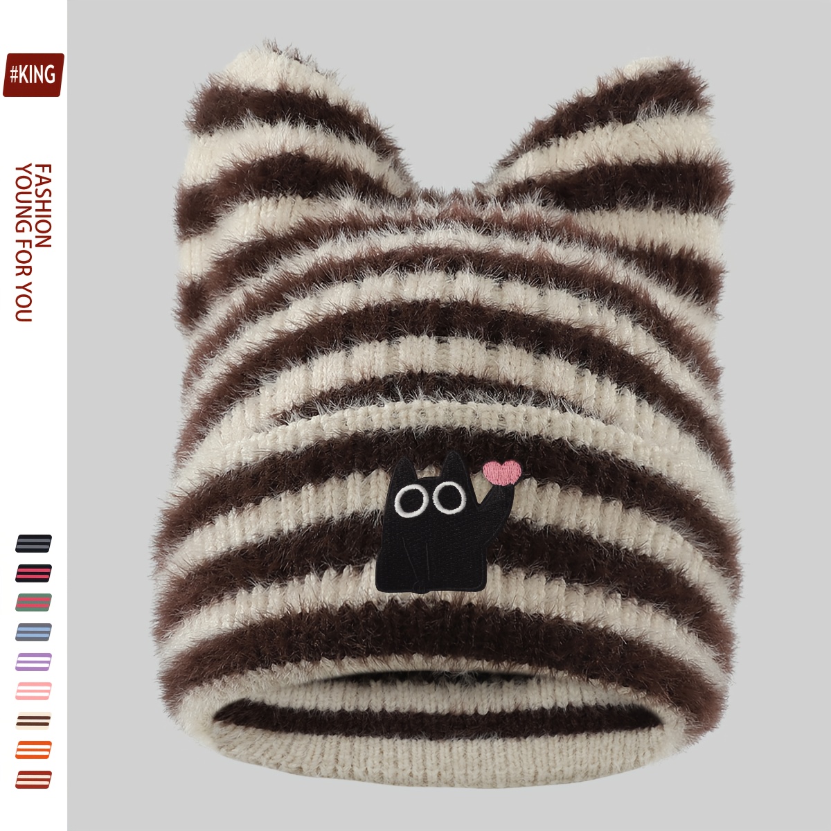 TEMU 1pc Heart- Big- Black Cat Thick Plush Cat Ear Hat, Urban Cartoon , Fluffy Brimless Hat For Men, Women, And Teens, Outdoor Trendy Skateboard Hat,