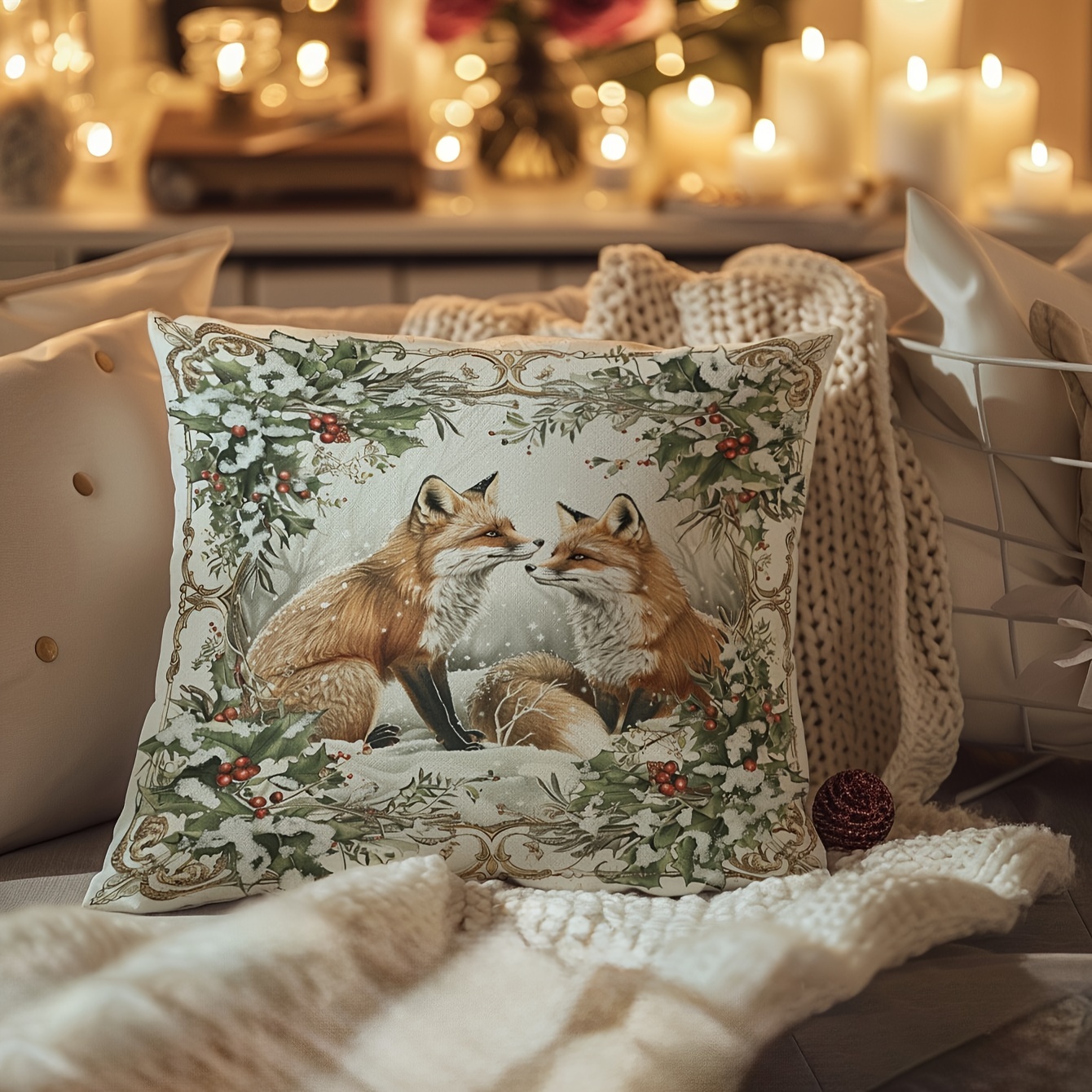 

Vintage Christmas Fox & Santa Claus Pillow Cover - Super Soft, Machine Washable Polyester For Home Decor (pillow Insert Not Included), Christmas Decor