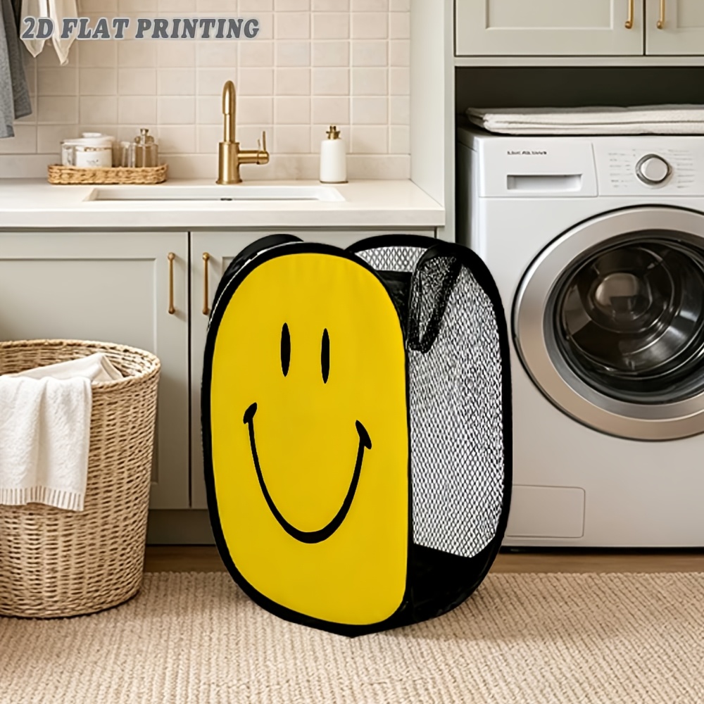 TEMU 1pc Foldable Pop-up Laundry Hamper With Face Print - Large Capacity Breathable Mesh Clothes Storage Bin, Built-in Frame & Carry Handle Suitable