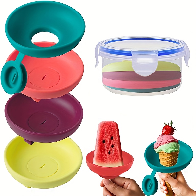 4pcs Silicone Ice Cream Holder Stand Set, Summer Popsicle Holder, Leak-Proof Cone Support with Drip Guard, Portable Youngsters's Ice Pop Mold Tray with Carrying Cases for On-The-Go Snacks - Dishwasher Safe