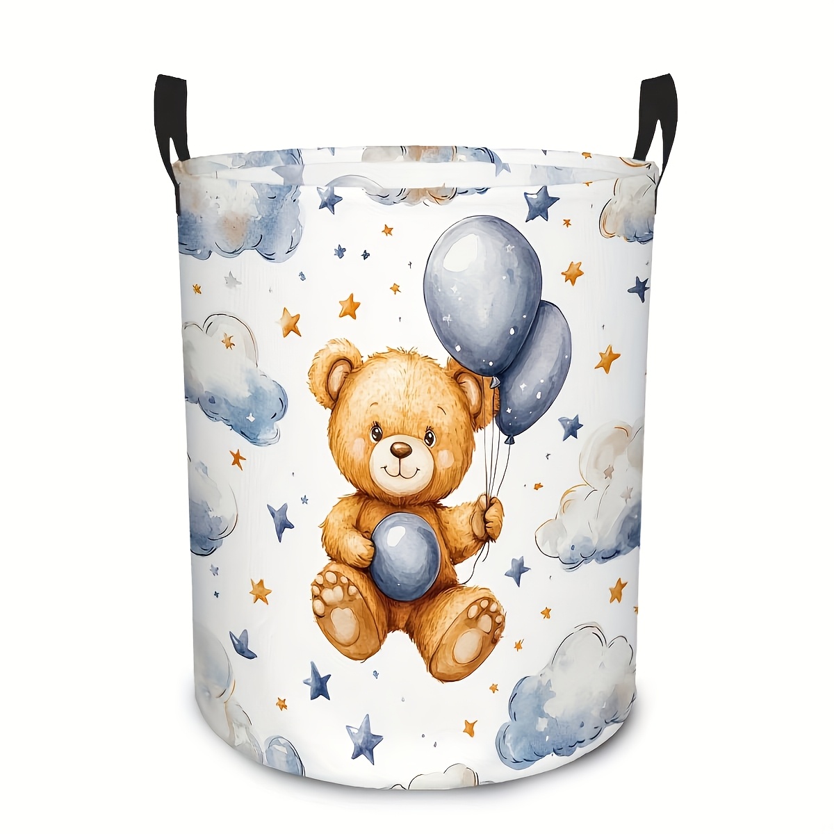 E-shop 1 Stück Niedlicher Teddybär-Ballon- & Wolken-Aufbewahrungskorb – Weiche Rundbox aus Canvas mit robusten Teddybär-Ballon- & Wolkenmustern,