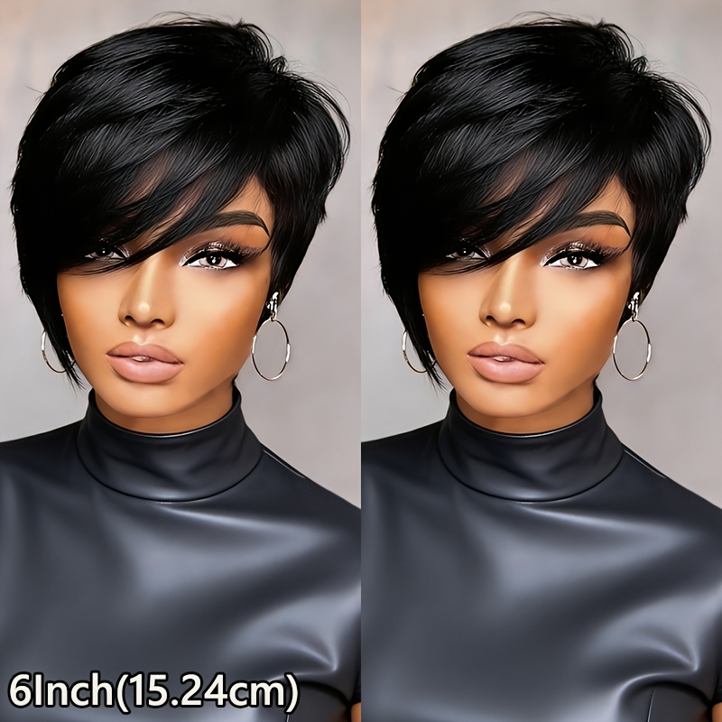 Image of 6-inch Straight Wigs Made From Human Hair, Featuring Bangs And A Layered Side Part Style, Designed For Women. From Brazilian Hair, Wigs Are And Use With A Density Of 180%