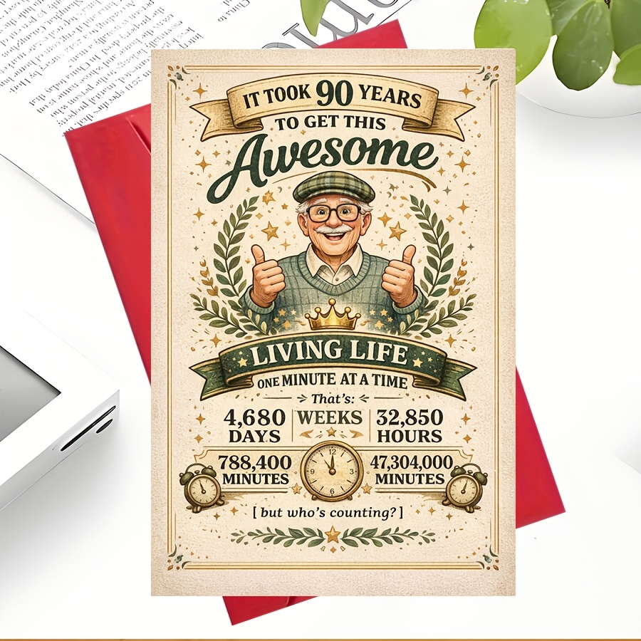 TEMU A Single Humorous Card For A 90th Birthday, Featuring A Vintage Design And Made From High-quality Thick Cardstock, Complete With An Envelope.