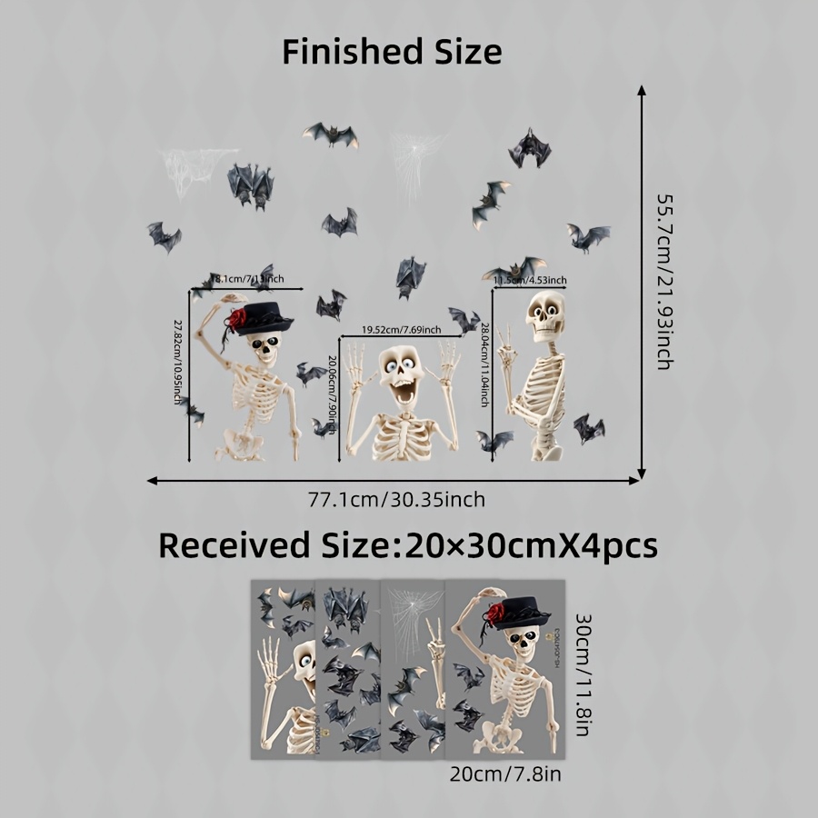 Image of 1set/4pcs Halloween Static Window Stickers, Skeleton Bat Window Stickers For Front Window, Porch Halloween Party Scene