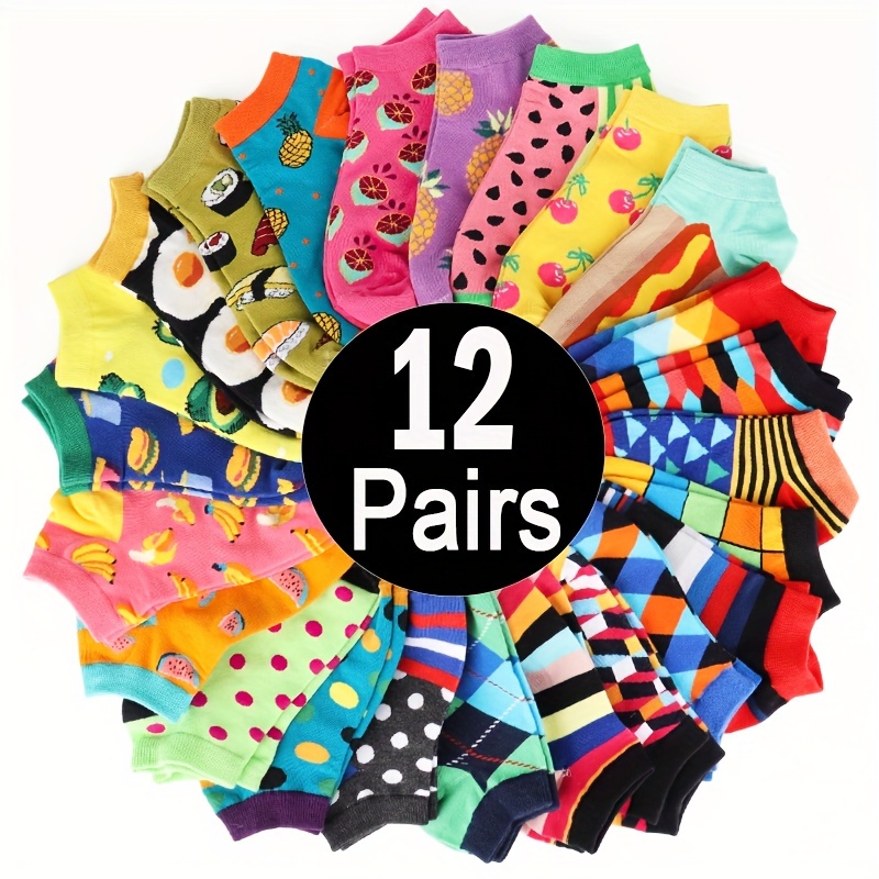 

12 Pairs Women's Color Blocking Geometric Pattern Ankle Socks, Funny Blend Fruit Pattern Short Socks, Soft Low Cut Socks