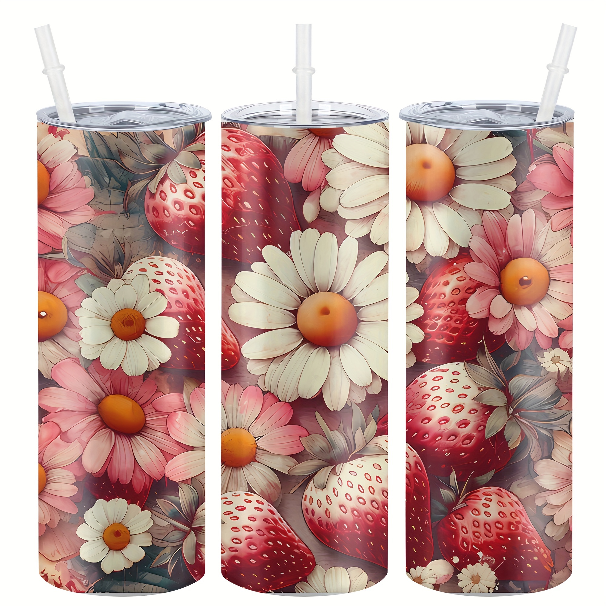 

20oz Floral Strawberry Stainless Steel With Lid & Straw - Insulated For Drinks, Travel & Gifts