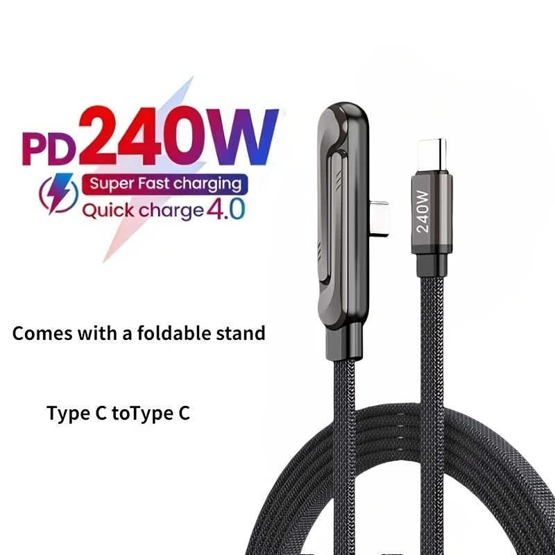 Câble de données à chargement rapide tissé plat MAX 240W avec support de téléphone intégré, câble de chargement rapide Type-C, câble de données de jeu, câble de données pliable avec support de téléphone, convient aux téléphones et tablettes Samsung, Oppo et autres