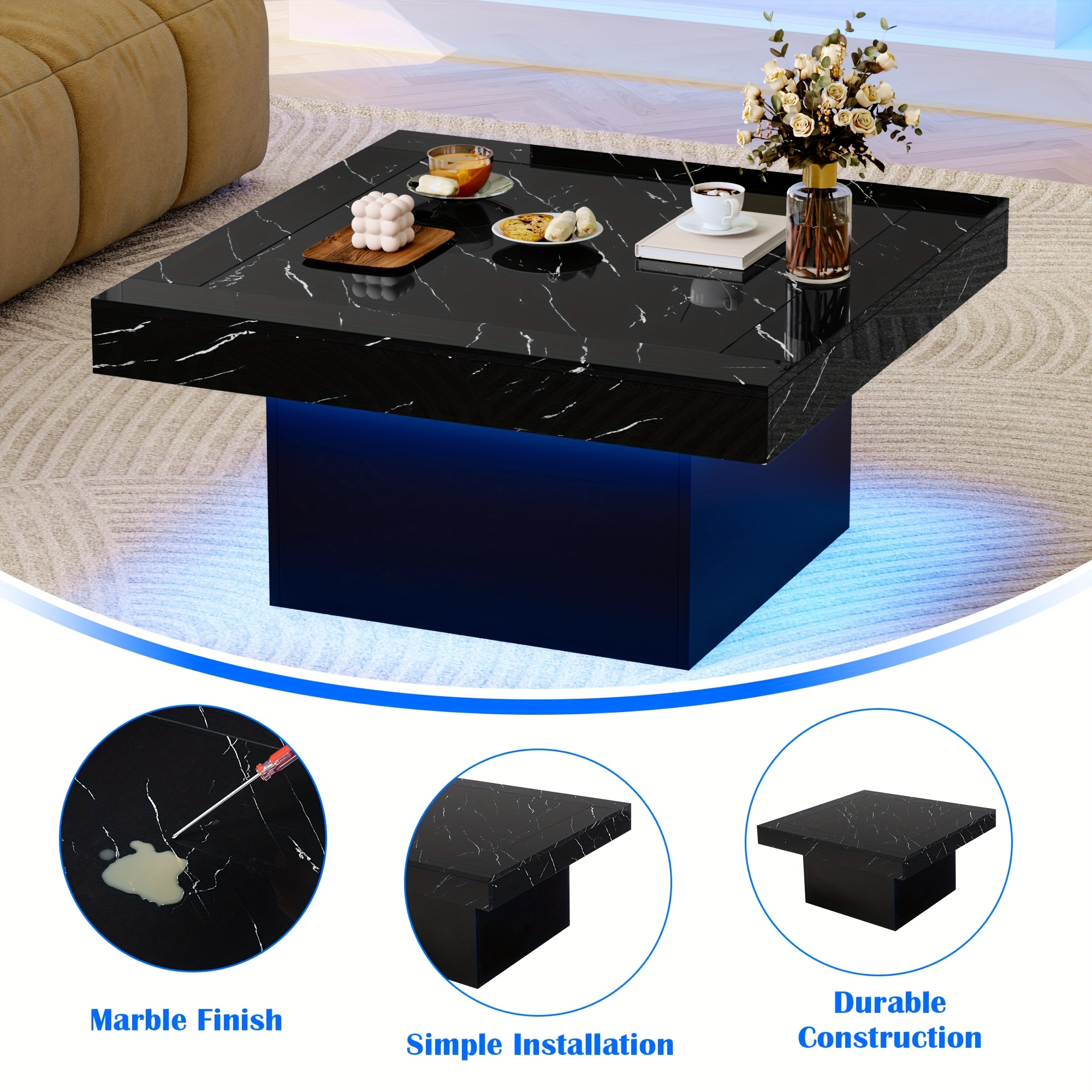 Modern Luxury Low-Profile Square Coffee Table with LED Lights - Space-Saving Faux Marble Top & Engineered Wood Base Suitable for Small Spaces, Compact Living Room Center Table, Assembly, Black/Brown