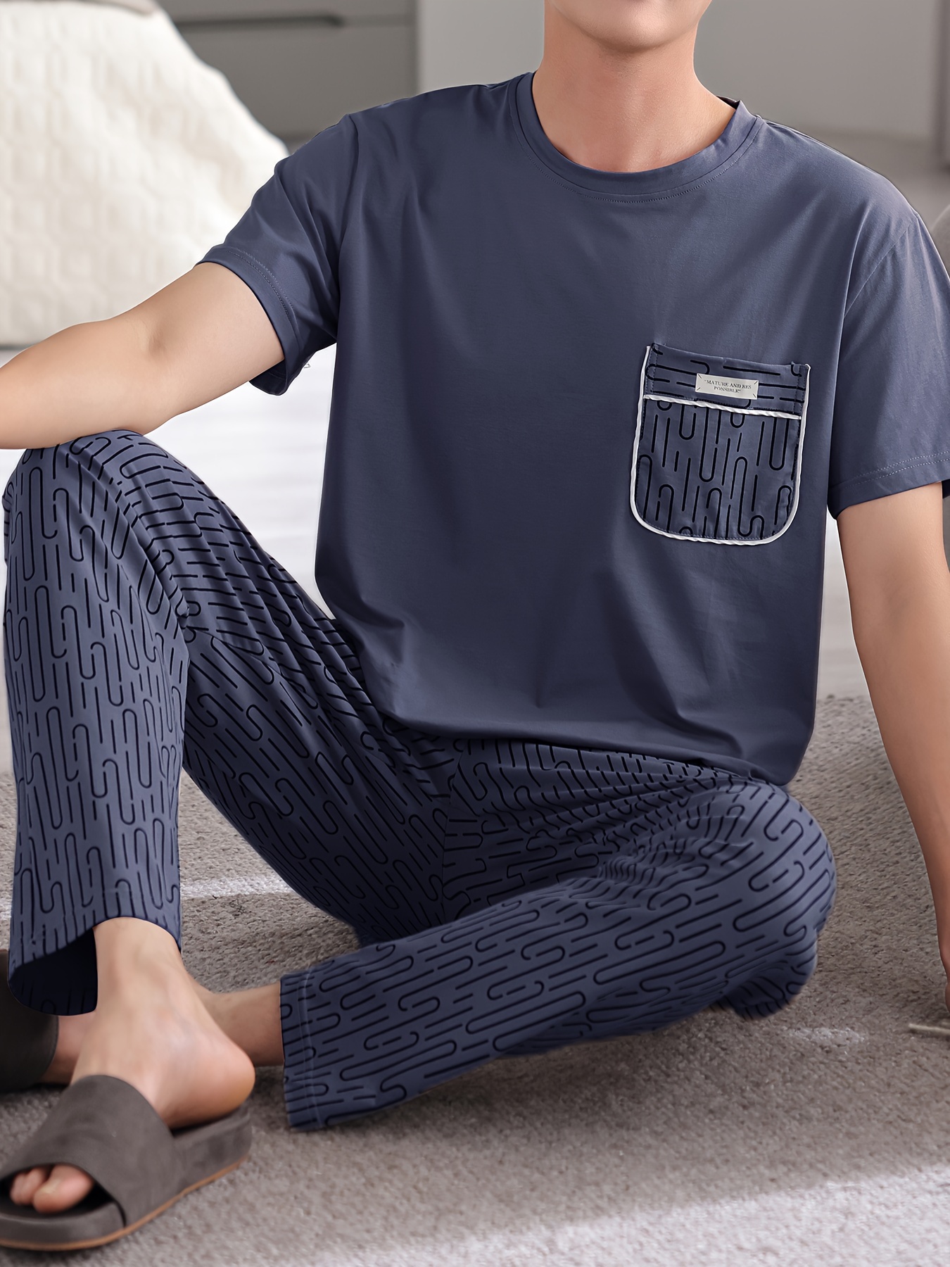 Easy Care, Men's Summer Cotton Pajama Set - Casual Short Sleeve & Long Pants, Breathable Lightweight Sleepwear with Pockets