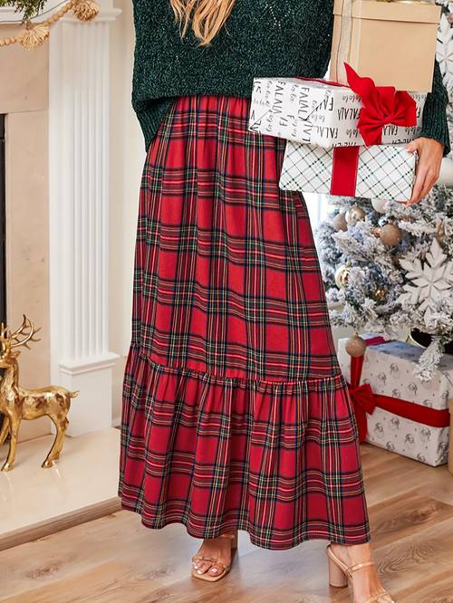 autumn winter womens fashion christmas red checkered print skirt versatile elastic waistband womens clothing christmas versatile autumn skirt