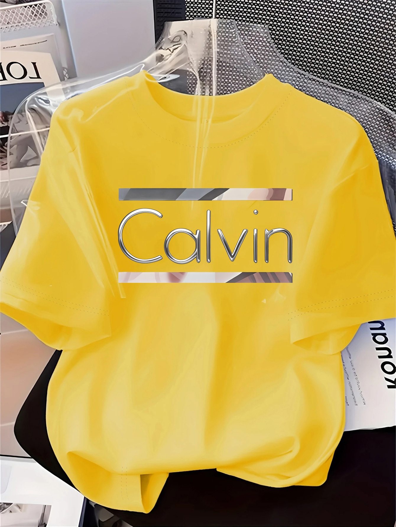 Women's Elegant Round Neck Short-Sleeve T-Shirt - Vibrant Red with White Calvin Monogram Print, Soft Fabric, Casual Versatile Top for Spring & Summer, Machine Washable, Casual Attire, Stylish Letter Print, Comfortable Fit