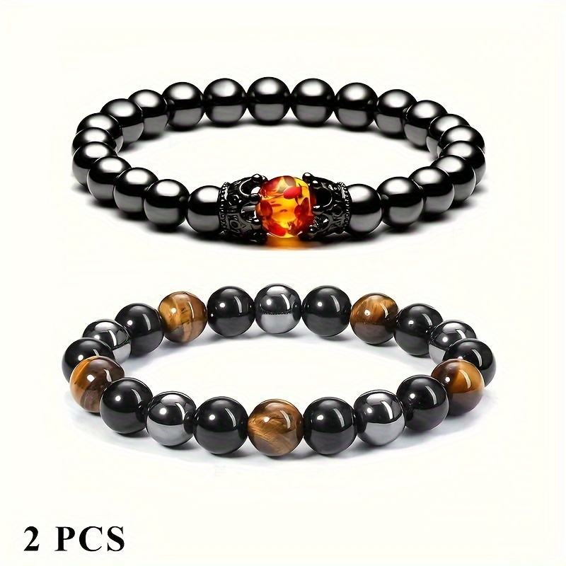 TEMU 2pcs Fashion Natural Stone Bracelets, 10mm Hematite Tiger Eye Gemstone Beads, Crystal Beaded Stretch Bracelet For Men And Women