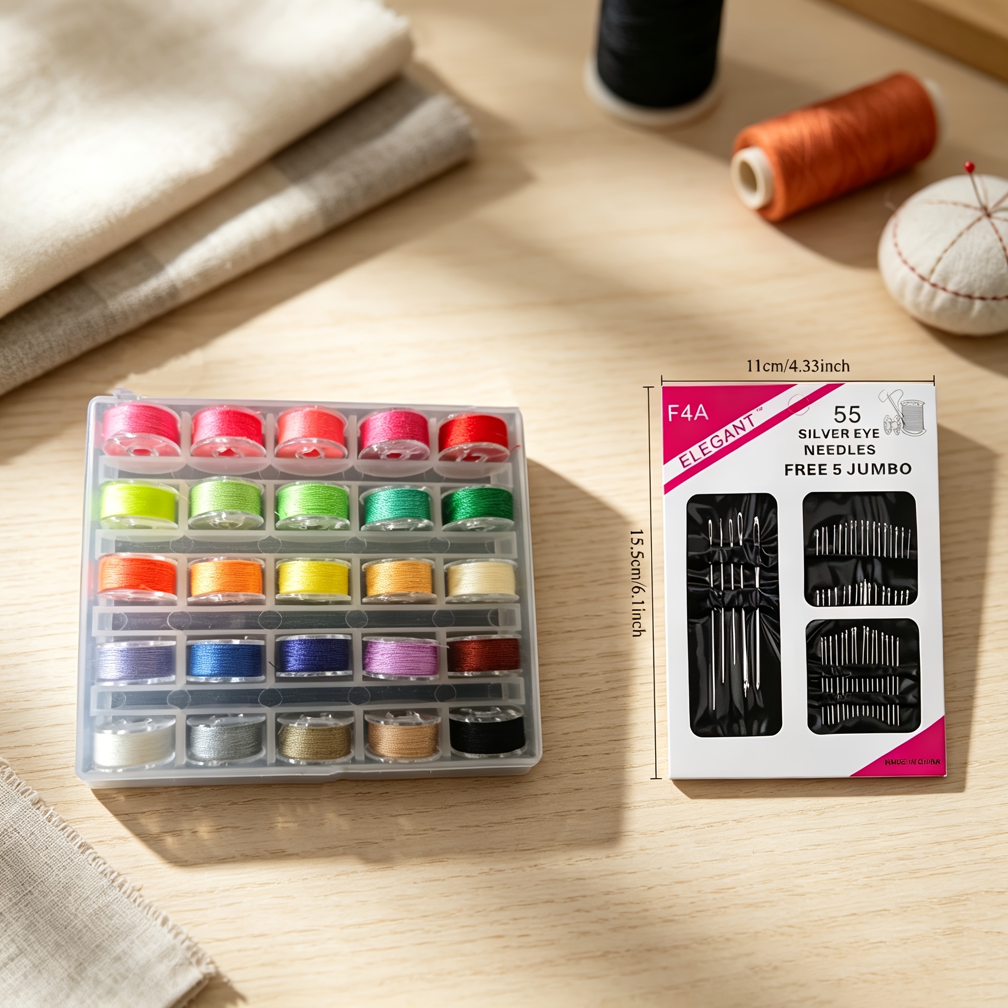 TEMU 80 Sets Of Sewing Tools, 25 Rolls Of New Bromine Yarn (with Spindles) And 55 Large Eye Sewing Needles In Sizes, Pre-wound Plastic Spindles In