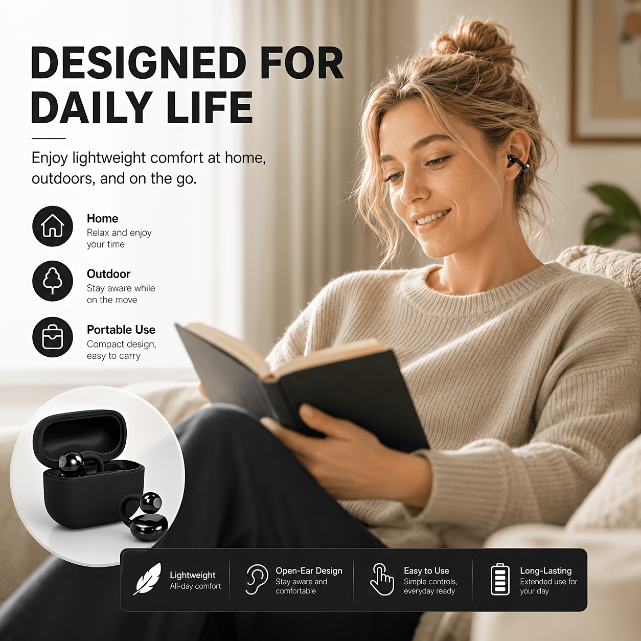 open ear rechargeable sound amplifier   with portable charging box light and comfortable ear hook design convenient control compact personal listening equipment suitable for daily indoor and outdoor use black and white Product details 2
