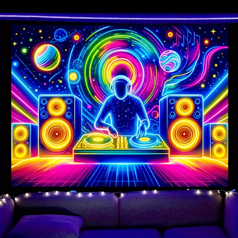 

Neon Beats Fluorescent Dj Tapestry, Uv Blacklight Reactive Polyester Wall Hanging, Music Carnival, Living Room, Bedroom, Office Decor, 78.74*59.06 Inch