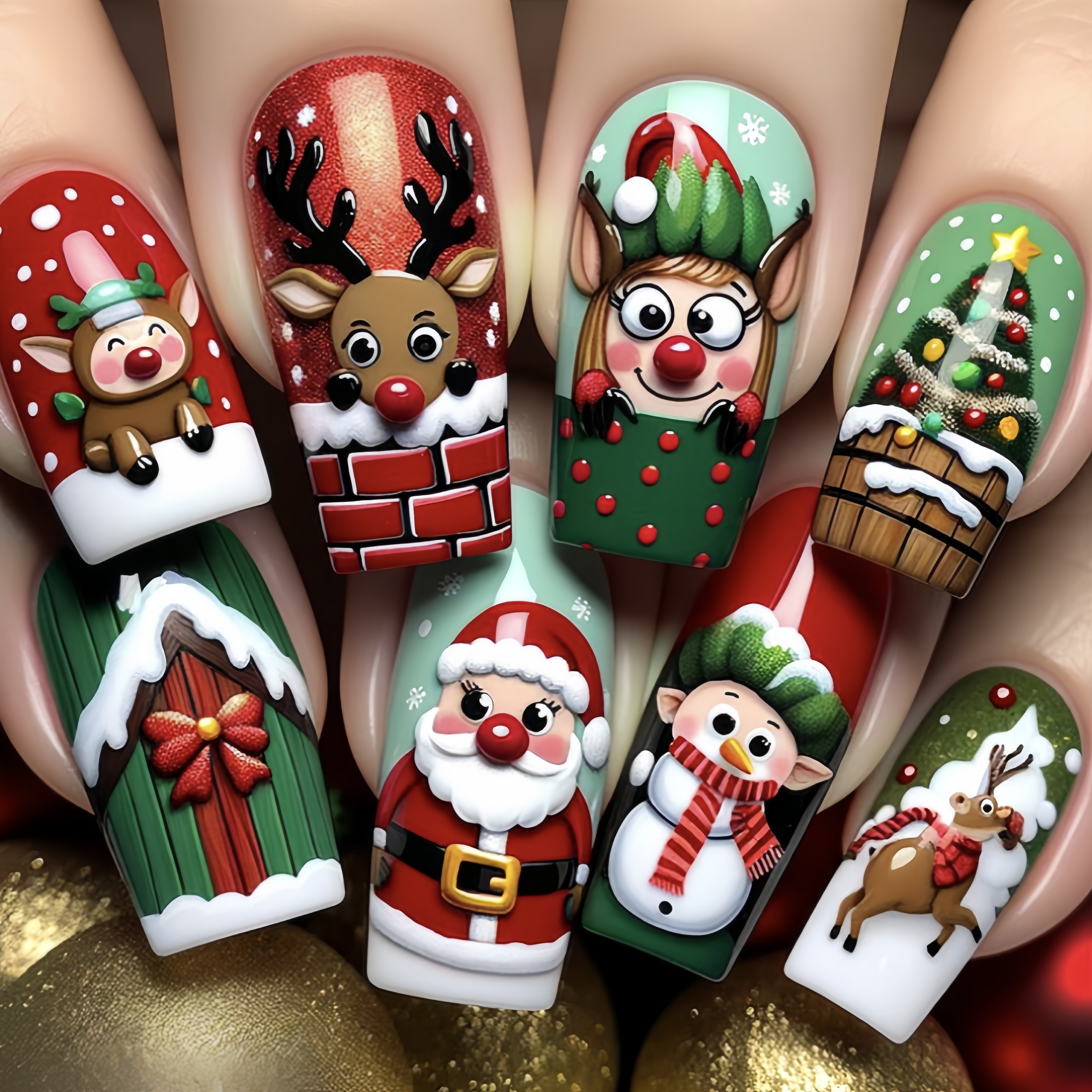 

24pcs Christmas Nail Art Set, Santa Claus Snowman Reindeer Christmas Fake Nails, Removable Press-on Nails