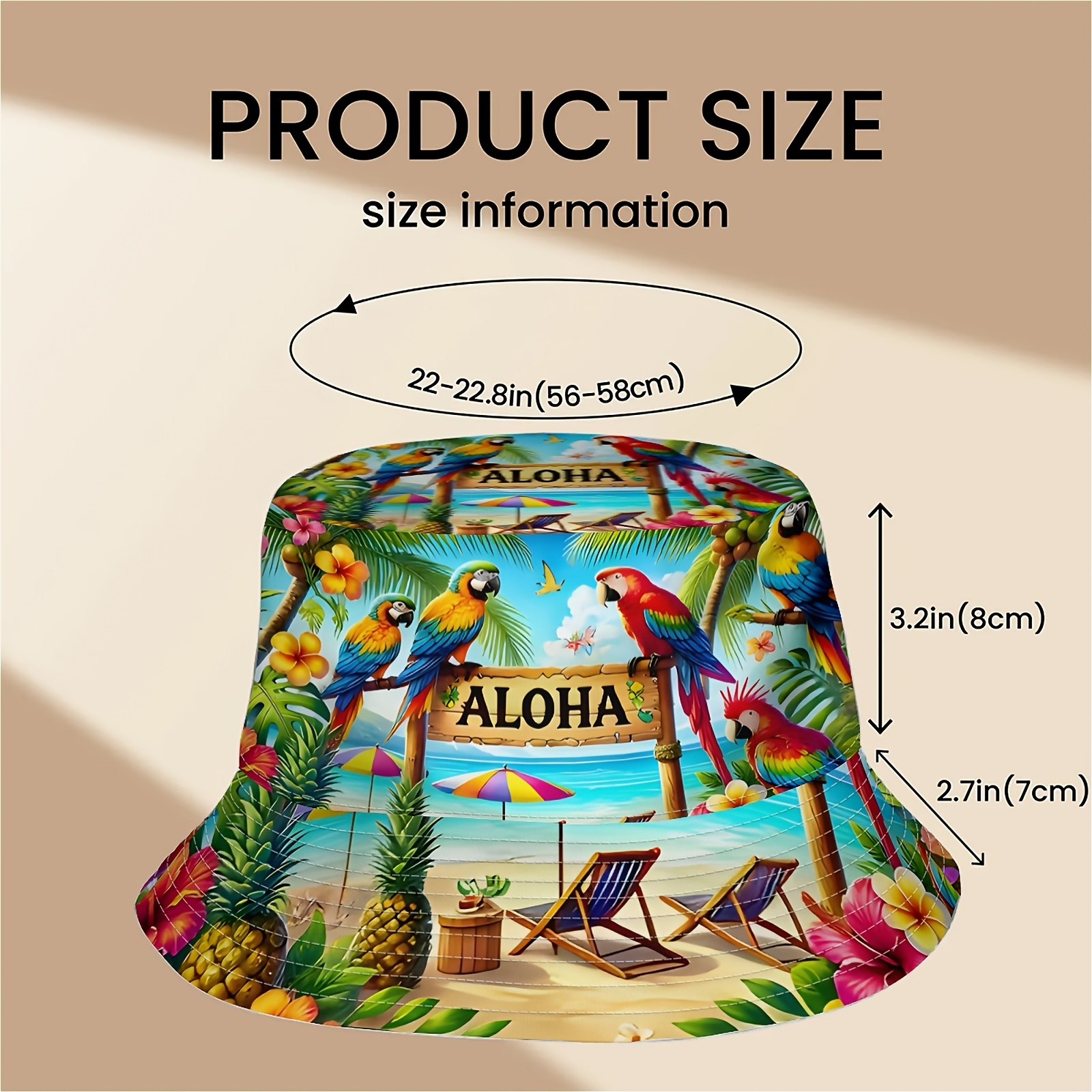 TEMU Unisex Printed Fisherman Hat Featuring A Vibrant Summer Aloha Design With A Colorful Parrot, Egg Flower, And Coconut Tree Pattern, Perfect For