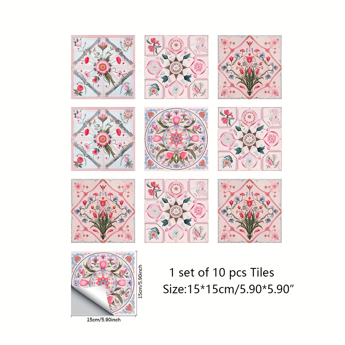 Image of 10pcs Of Removable Self-adhesive Tiles With Bohemian Style Pink Floral Patterns For Kitchen, Bathroom, And Nightstand Decoration