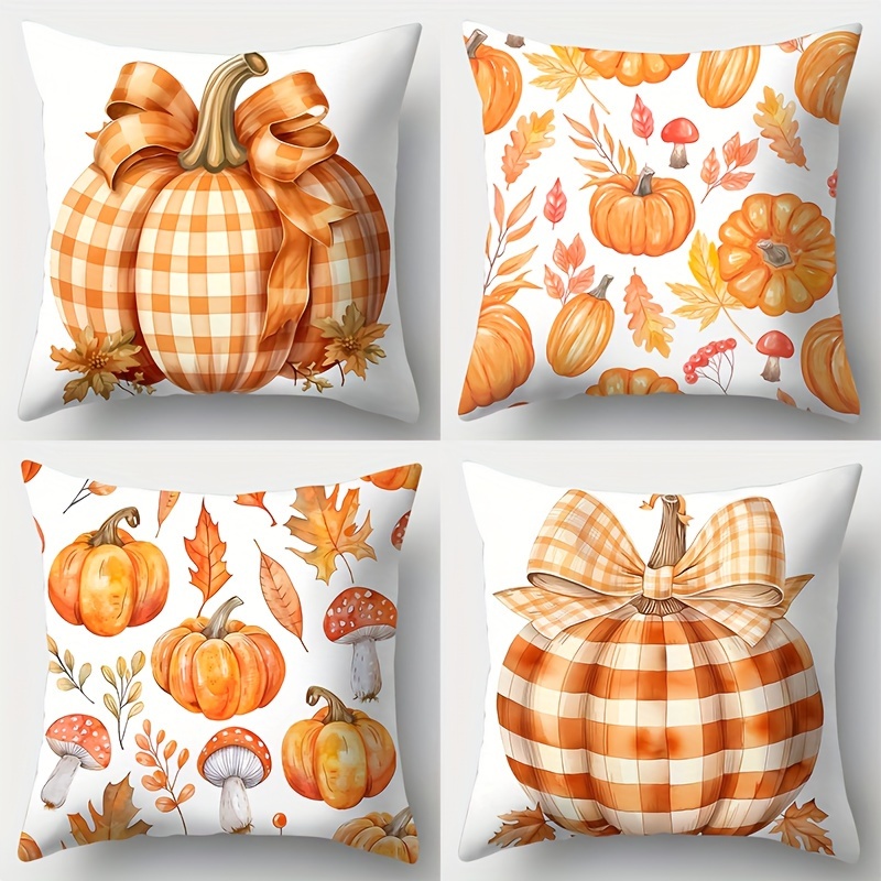 

4-pack Contemporary Throw Pillow Covers With Autumn Pumpkin And Plaid Design, Zipper Closure, Woven Polyester, Hand Wash, 17.7x17.7 Inch - Ideal For Living Room Sofa And Harvest Decor