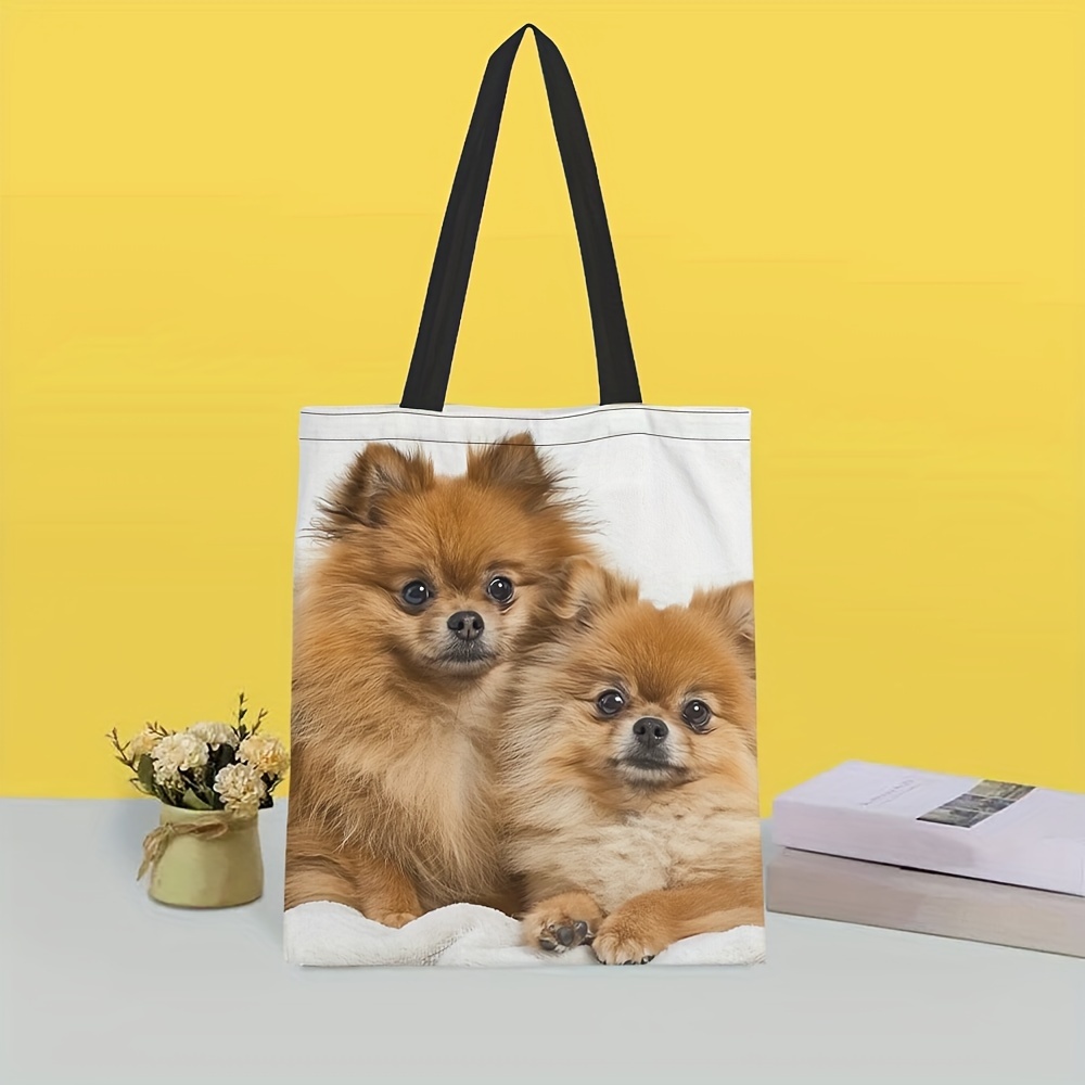 

1pc Pomeranian Print Polyester Tote Bag, Reusable Square Grocery Shopping Bag With Sturdy Wide Straps - Washable, High-density Fabric Shoulder Bag For Daily Use