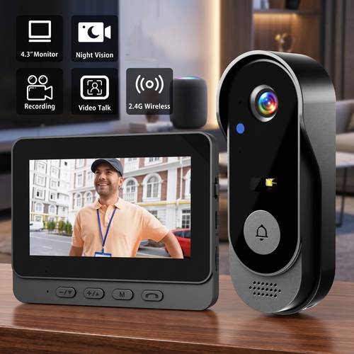 Wireless Smart Video Doorbell with 4.3-inch Monitor, Video Intercom Doorbell, 120° Viewing Angle, , No Subscription Required, Needed, No Wireless Network Required, And Audio for Office Apartment