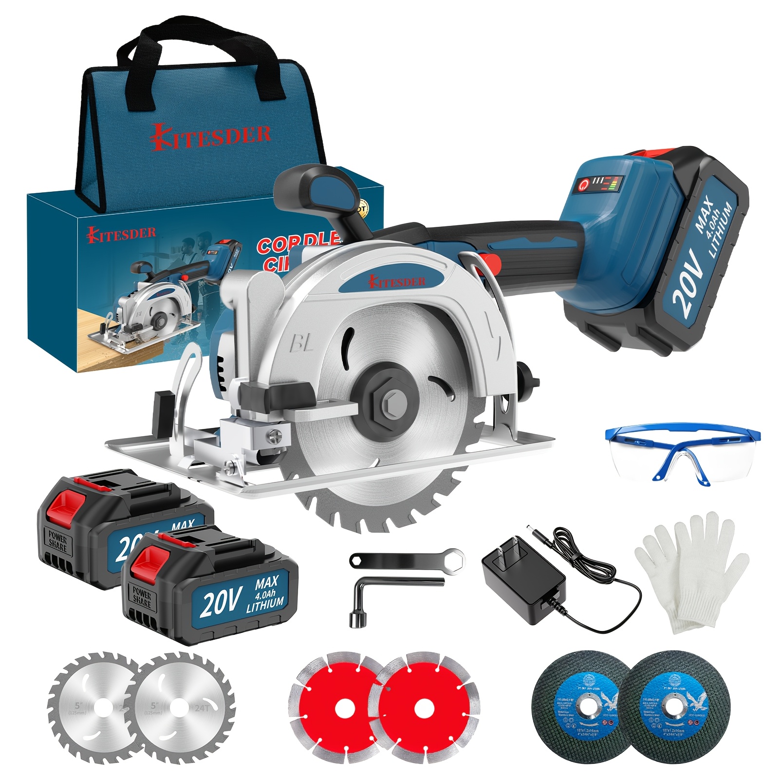 20v circular saw cordless 4 1 2 with 6900rpm 6 saw blades metal auxiliary handle circular saw kit with 2 2 0ah battery and charger ideal for wood   plastic drywwall tile