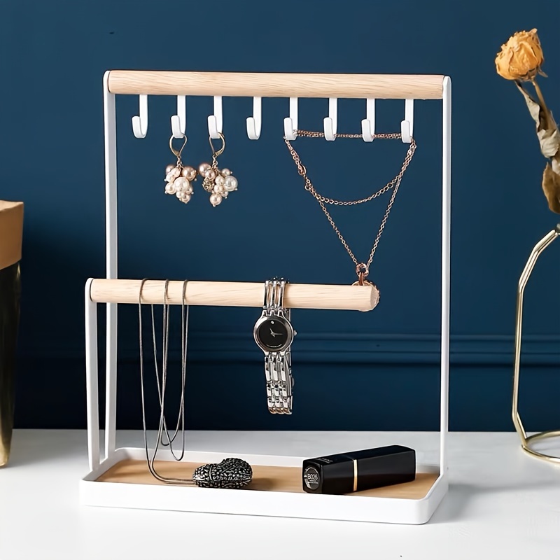 

Iron Jewelry Tower Organizer With Wooden Tiers - Earring Holder, Necklace Hanger, Ring Tray Display Stand