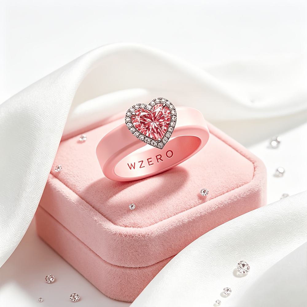 TEMU 1 Heart-shaped Pink 3a Zirconia Silicone Ring, Sweet Micro-prong Halo Design, Waterproof And Non-slip Sports Wedding Ring Alternative, Elastic