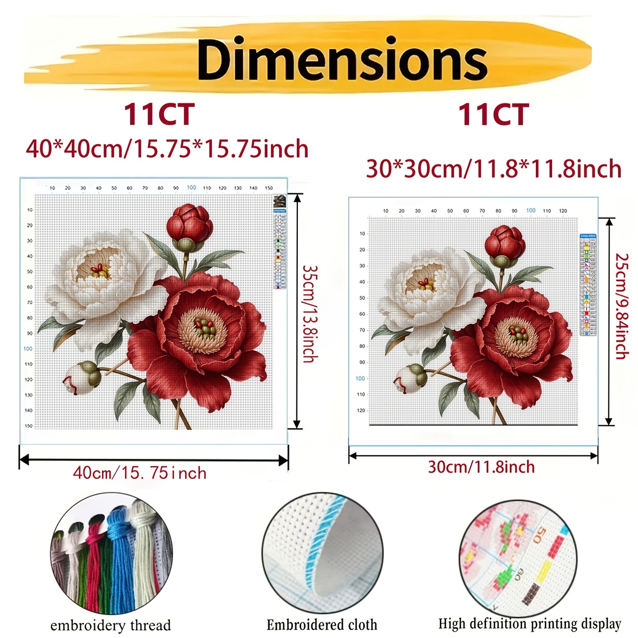 Frameless Cross Stitch Printed Kit, "White Red Peony with Green Leaves" Pattern