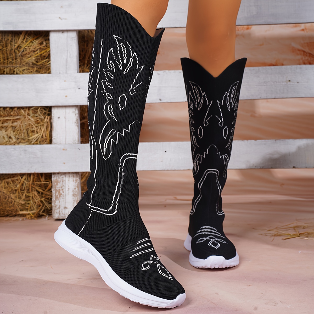 

Women's Western Style Fabric Cowboy Boots With Random Print, Eva Sole, And Standard Toe Design