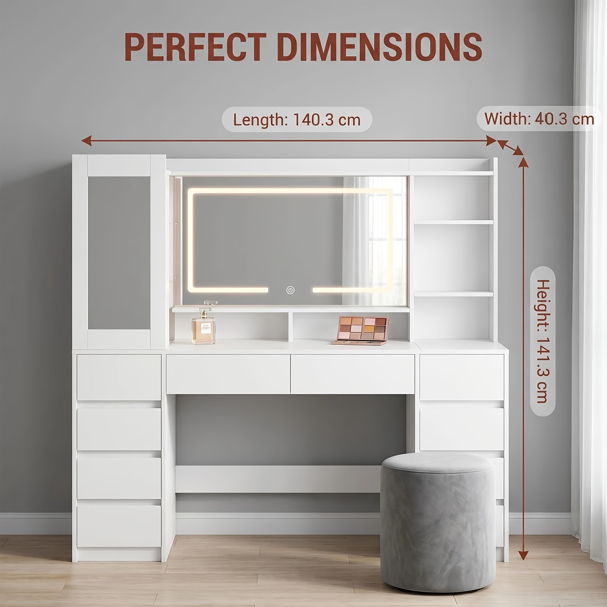 140cm Wide Dressing Table With Led , 10 Drawers And Multiple Open Storage Spaces, Rgb Cabinet Doors, Suitable For Home And Bedroom Use