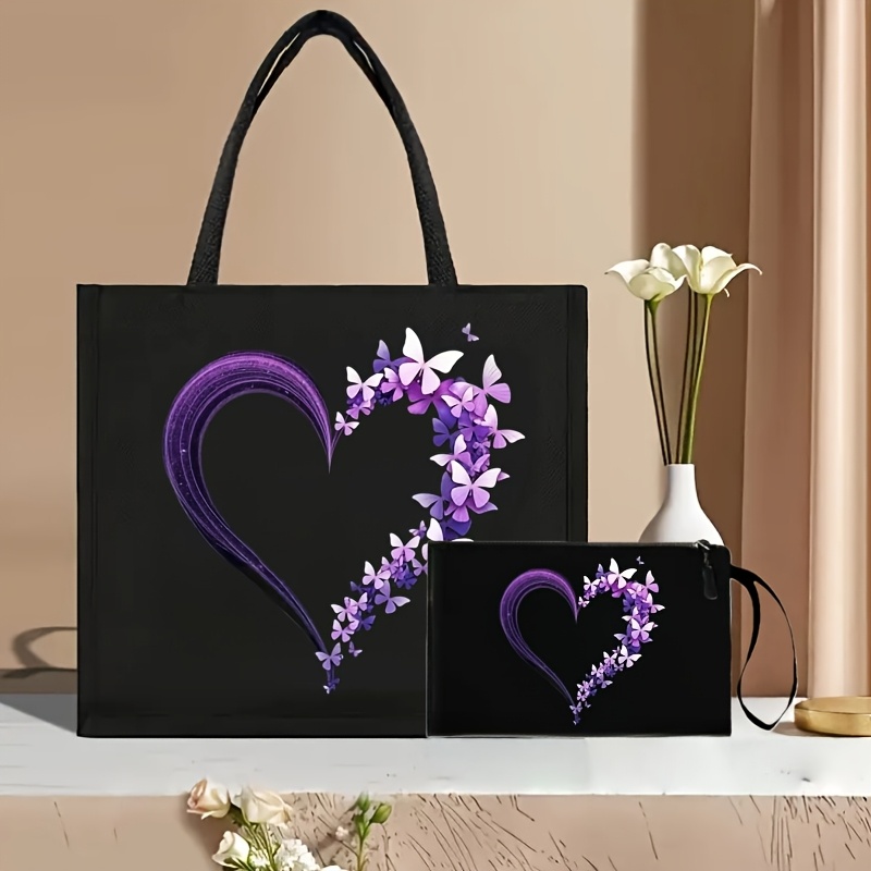 TEMU Christmas Theme, Large Capacity | Purple Heart Print Tote Bag | Ideal For Daily , Christmas, New Year's Gift For Relatives