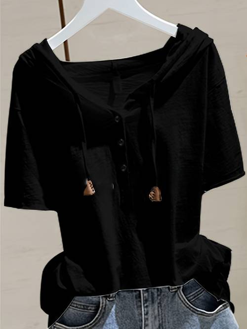 womens 2026 summer hooded short sleeve t shirt loose henley hoodie top for tummy control