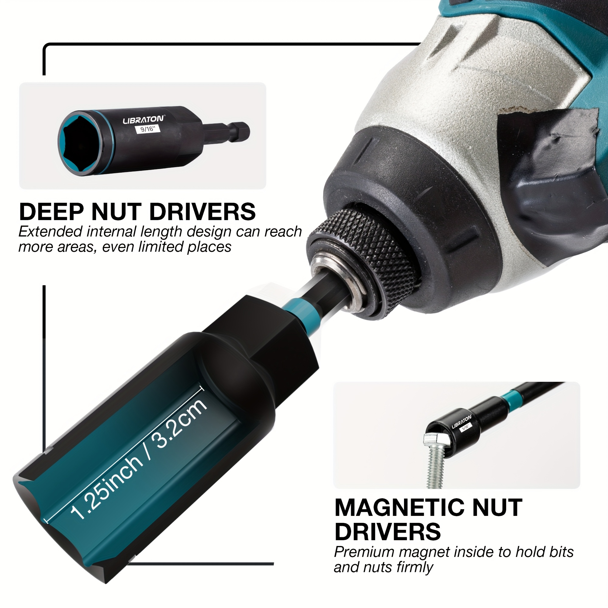 Juego de 16 piezas de desarmadores magnéticos y profundos para tuercas LIBRATON, de 1/4" a 9/16" y de 1/4" a 4/3" (3 pulgadas de largo), con vástago de 1/4" para cambio rápido, ideal para espacios reducidos, compatible con taladros de impacto - Imagen 3