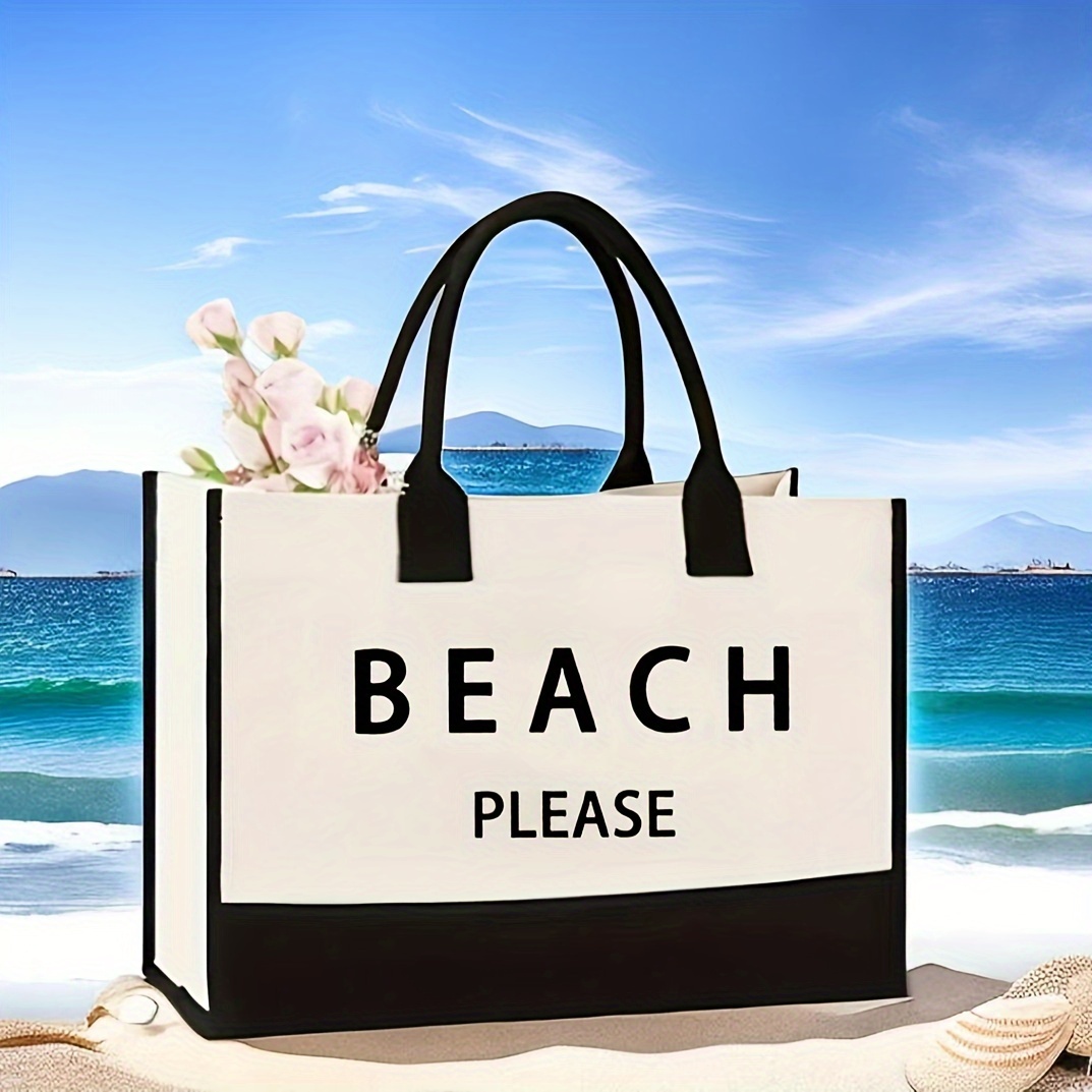 

Large Canvas Tote Bag With "beach Please" Print, Fashionable Two-tone Women's Shoulder Bag, Travel Beach Carryall, Shopping/gift Bag