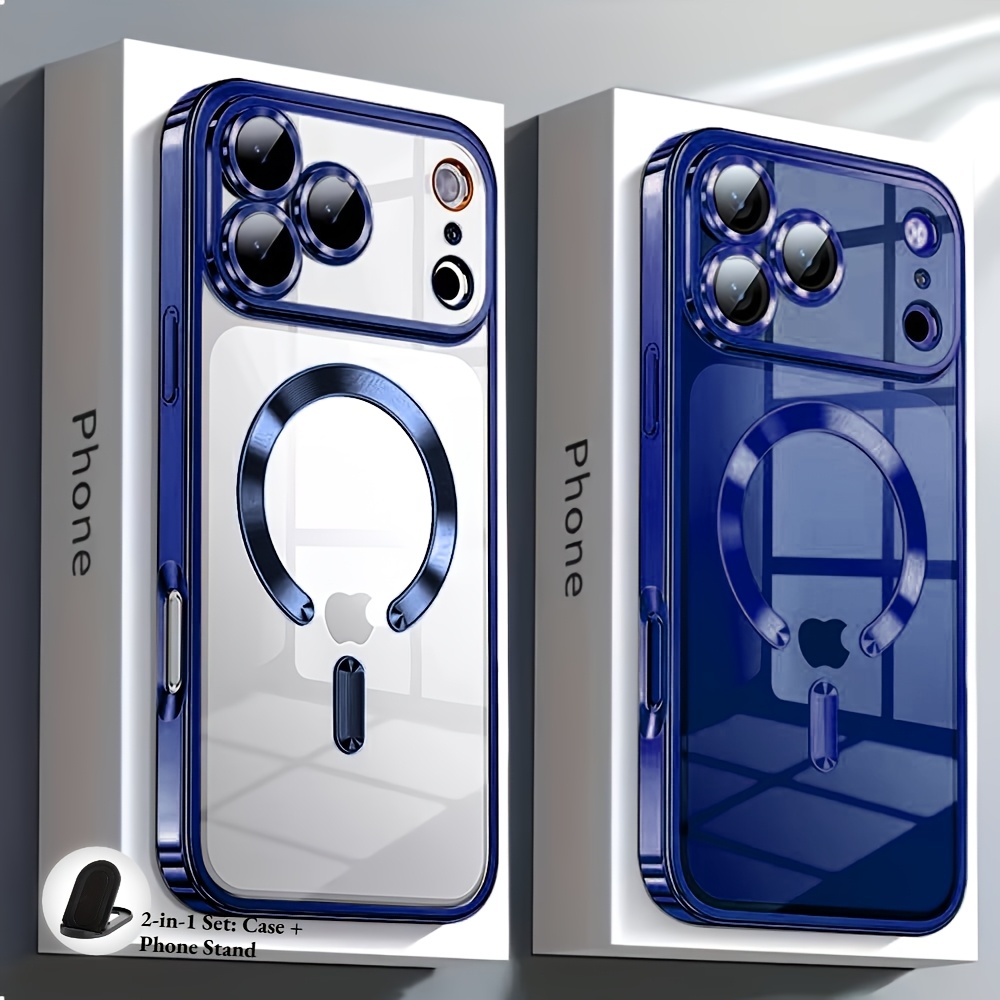 TEMU Phone Case - 2-in-1 Set: Case And Phone Stand Luxury Electroplated Transparent Magnetic Wireless Charging Phone Case, Compatible With Iphone 17