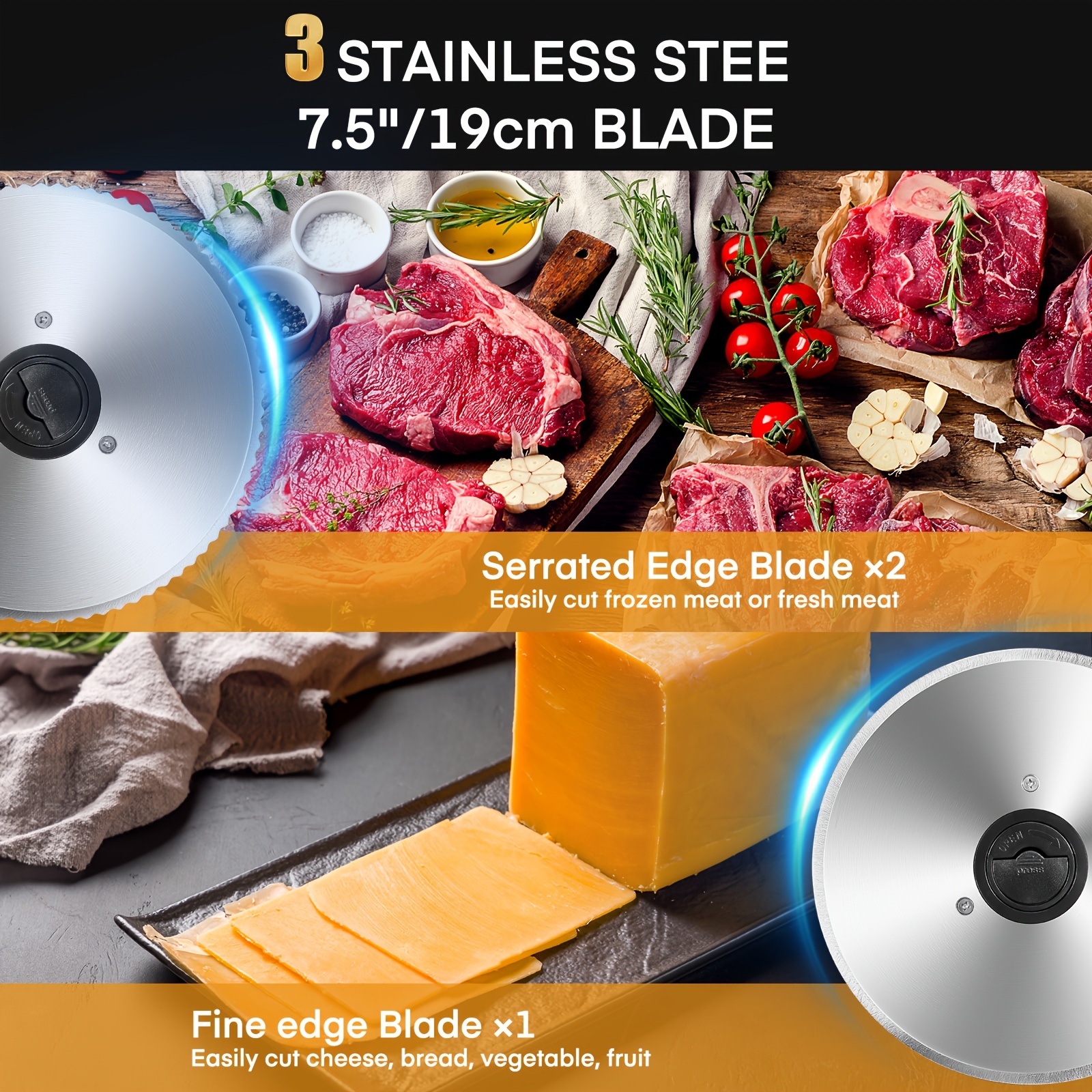 250W Electric Food Slicer For Home, Stainless Steel Meat Cutter With 3 Blades & 0-15mm Adjustable Thickness - Perfect For Deli Meat, Bread, Cheese, Fruit & Vegetable
