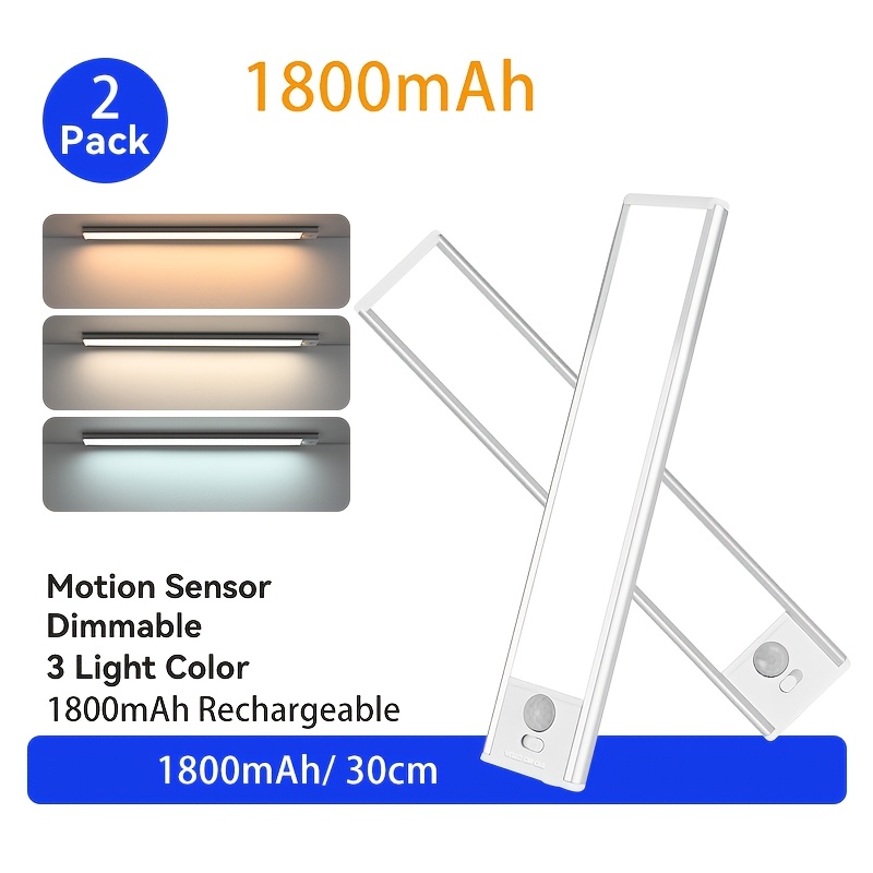 E-shop 2er-Pack Magnetische LED Schrankleuchten mit Sensor, Metallmaterial, Wiederaufladbar, 3-farbig einstellbare Helligkeit, mit Bewegungssensor,