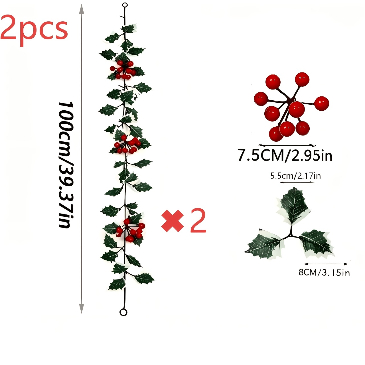 TEMU Artificial Christmas Holly Vines, (2pcs), 100cm Long With Red Leaves, Decorating Fireplaces, Doorways, Walls, And As Festive Winter Hanging