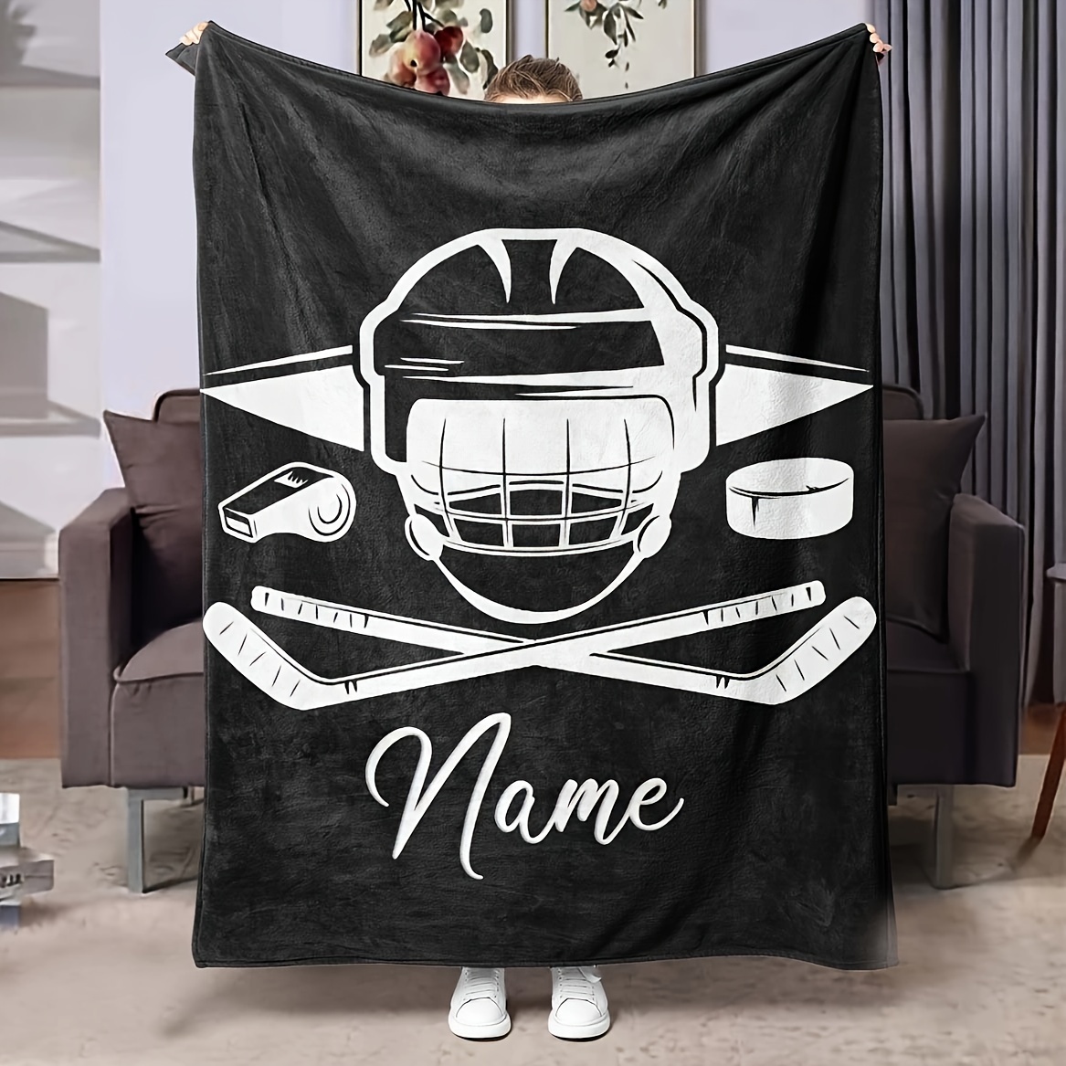 

Hockey-themed Flannel Throw Blanket - Personalized Name, For Couch, Office, Camping - Gift, Black