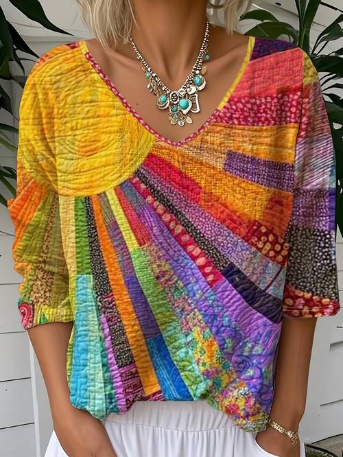 haut à manches mi-longes pour femmes avec imprimé , pull à col avec contrasté, haut bohème