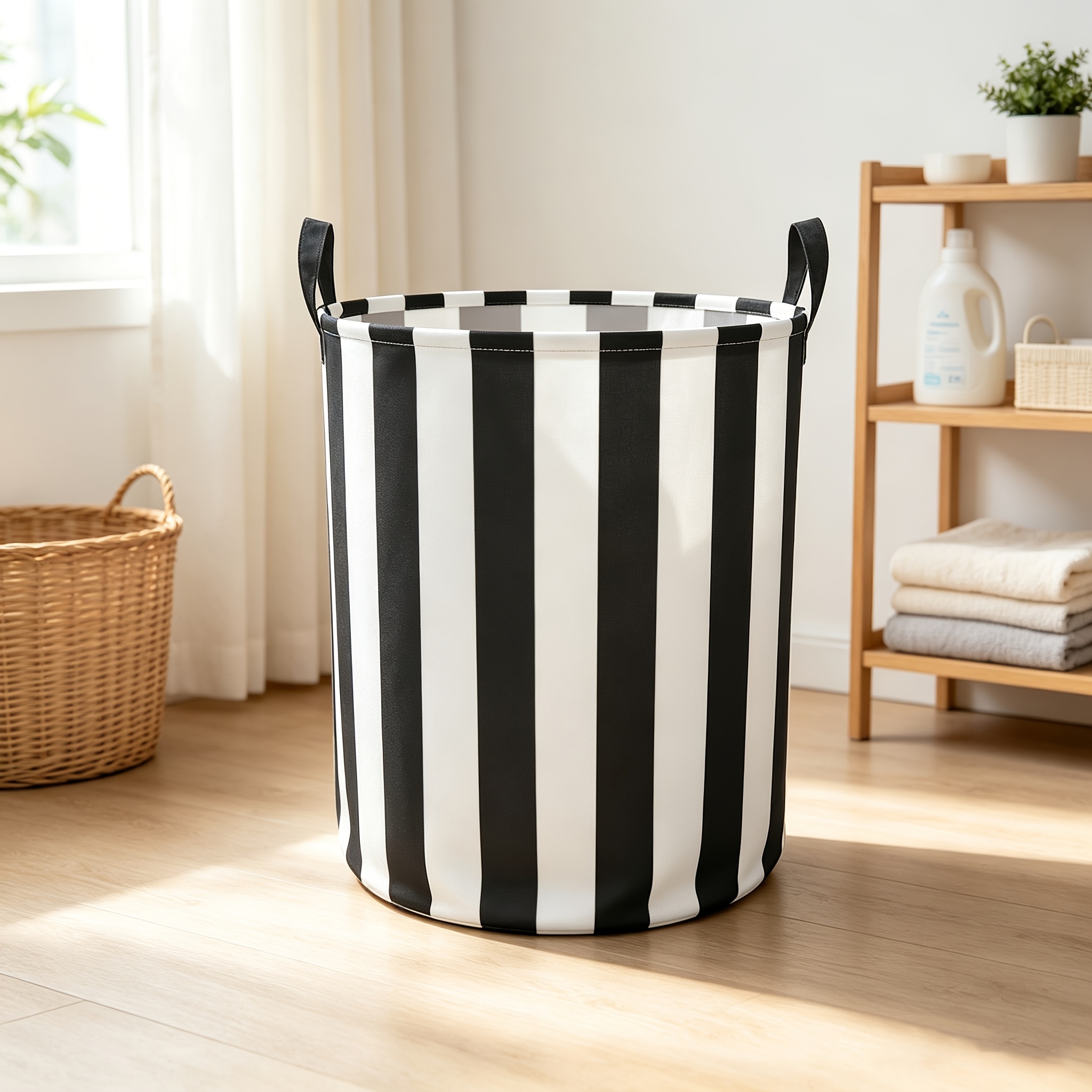 TEMU 1pc Modern Minimalist Vertical Stripe Laundry Basket - Large Foldable Round Hamper With Sturdy Handle, Suitable For Room Decor,, Bathroom