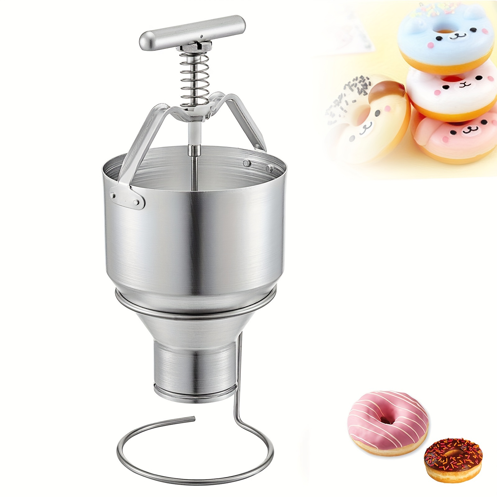 TEMU Stainless Steel Manual Donut Maker Kit - Food-grade Aluminum Dropper & Dispenser With Adjustable Handle, 1.3 Us Gal Capacity - Homemade Donuts & Pastries, Includes Stand Holder, Donut Baking Pan